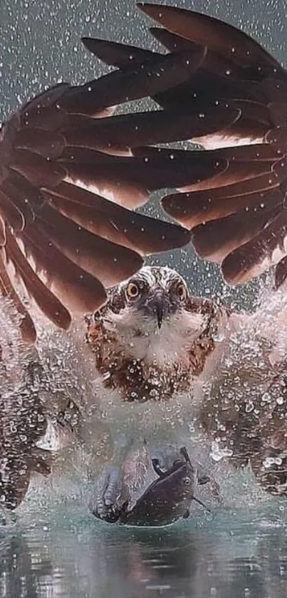 Osprey capturing prey in dramatic flight scene over water.