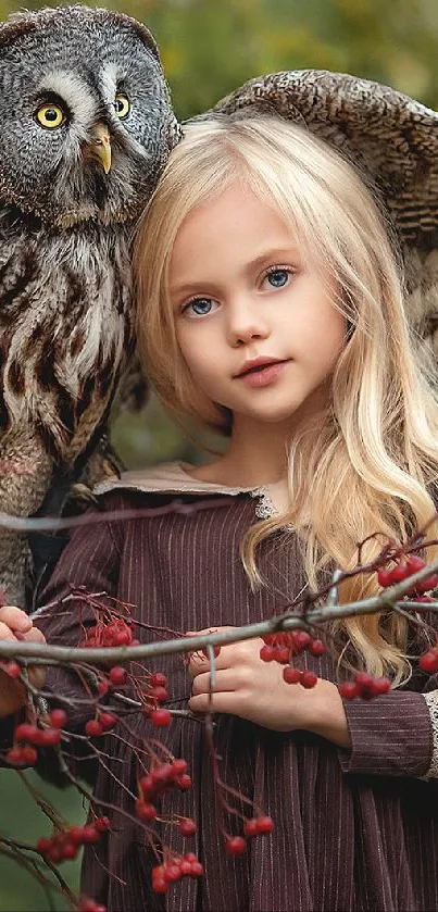 Girl with owl in an autumn forest scene, vivid red berries surround them.