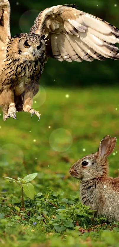Owl in flight over rabbit in a lush green meadow.