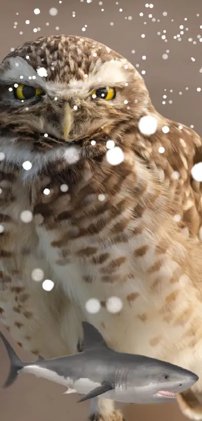 Majestic owl with shark in snow on wallpaper.