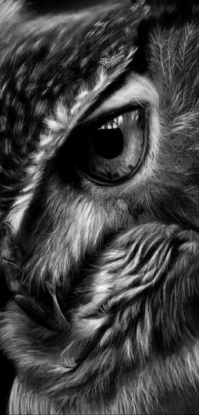 Black and white owl portrait wallpaper with intricate details.