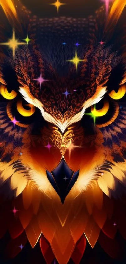 Majestic owl with fiery orange patterns in a captivating wallpaper design.