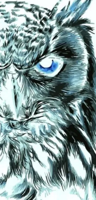 Mystical blue-eyed owl art wallpaper with a monochromatic style.