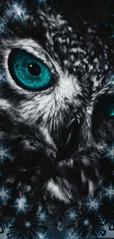 Close-up of owl with teal eyes and detailed feathers on a dark background.