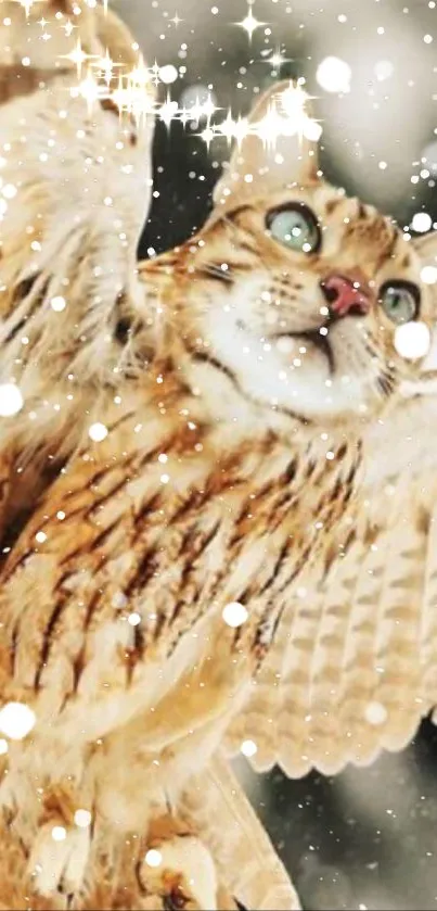 Owl-cat hybrid soaring in a snowy forest wallpaper.
