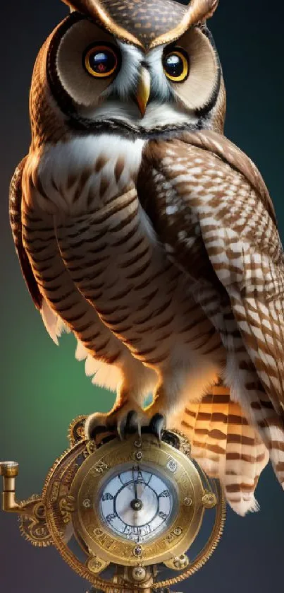 Majestic owl perched on a vintage clock with a steampunk aesthetic.