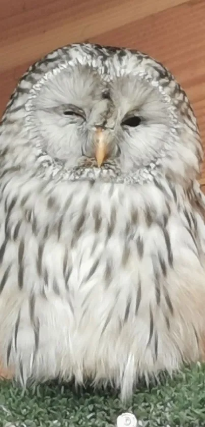 Close-up of a serene owl against a wooden background on mobile wallpaper.