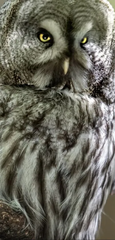 Close-up of a gray owl with vibrant yellow eyes.