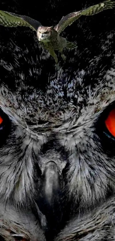 Close-up wallpaper of an owl with orange eyes and a soaring hawk.