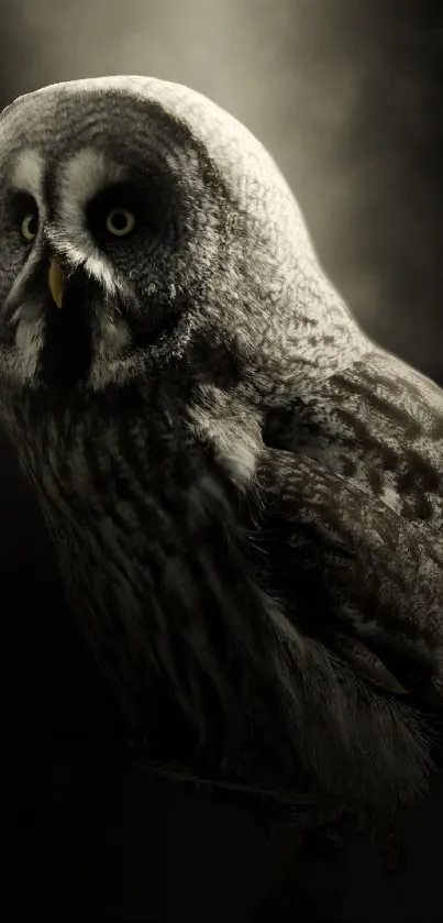 Majestic owl with piercing eyes in a dark, atmospheric wallpaper.