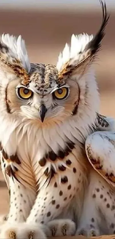 Striking owl with yellow eyes in a serene desert setting.