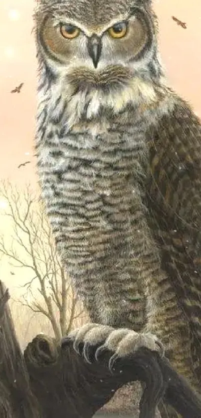 Majestic owl on tree at dusk with a serene evening backdrop.