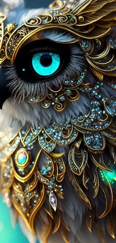 Owl with golden armor and teal eyes fantasy wallpaper.