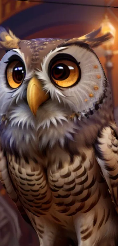 A majestic owl in a whimsical fantasy setting, perfect for mobile wallpaper.