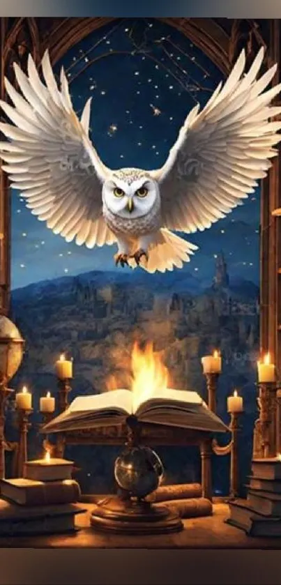 Owl flying over a glowing book in a mystical library setting.