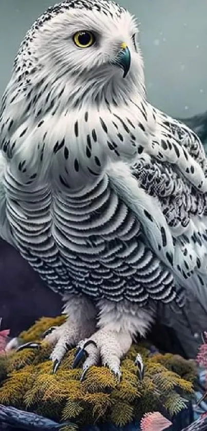 Snowy owl in mystical fantasy landscape with mountains.