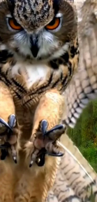 Close-up of a majestic owl flying in a forest.