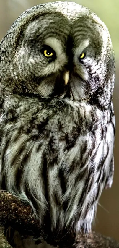 A majestic gray owl perched in a serene forest setting, captured in natural light.