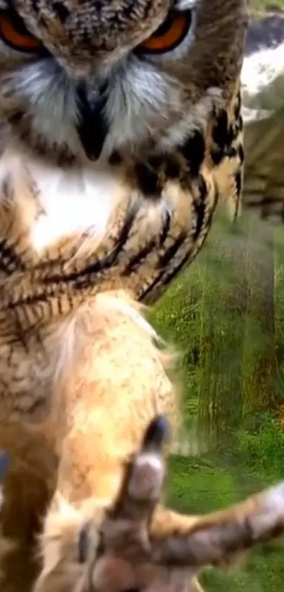 Owl with orange eyes flying in a dense green forest wallpaper.