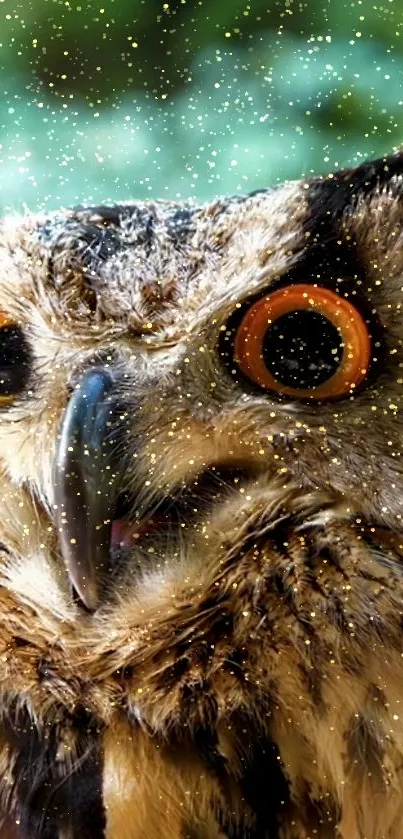 Close-up of a majestic owl with glittering sparkles on its feathers.