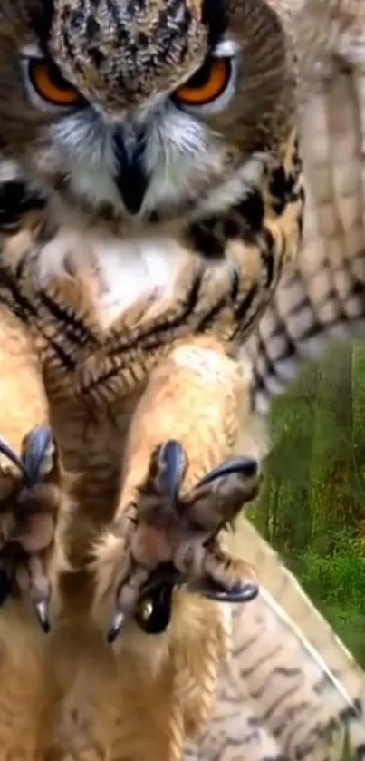 Majestic owl in flight against a forest background, perfect for mobile wallpaper.