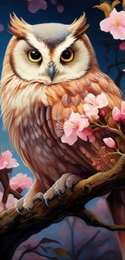 Owl perched on a branch with blossoms in a vibrant setting.