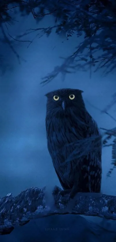 Majestic owl perched in a serene blue forest at night.