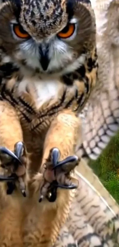 Majestic owl in flight with sharp talons extended.