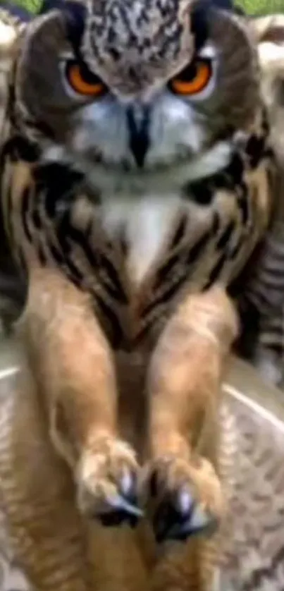 Close-up of an owl in flight with orange eyes.