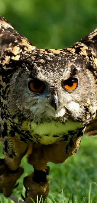 Majestic owl in flight over green grass.