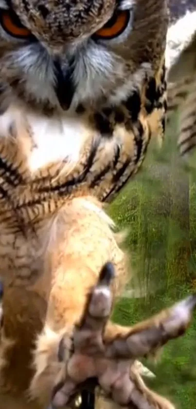 Close-up of an owl in mid-flight with a forest background.