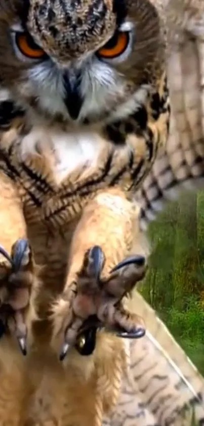 Detailed image of an owl in mid-flight against a lush forest backdrop.