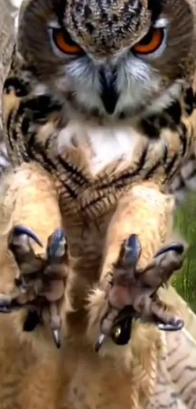 Owl in mid-flight with detailed talons and brown feathers.