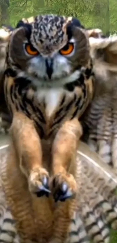 Owl in flight with vibrant orange eyes and detailed feathers against green background.