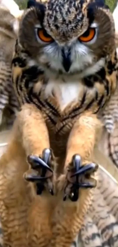 Majestic owl in mid-flight with detailed feathers and intense gaze.