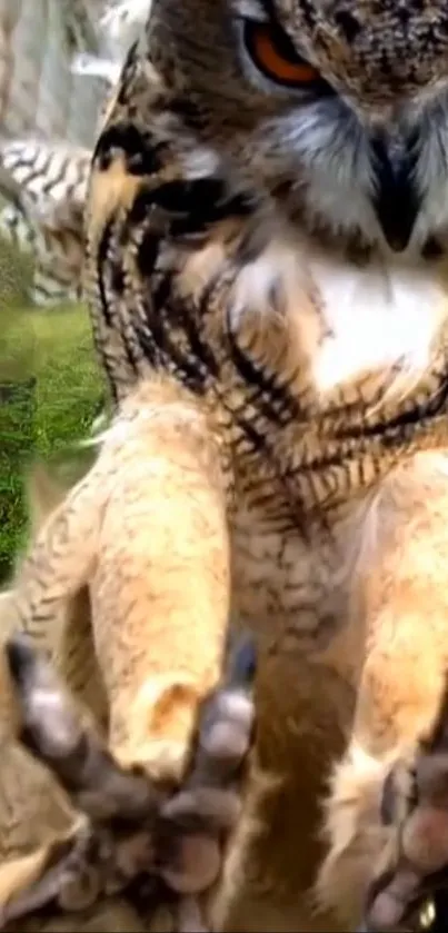 Close-up of an owl in flight with striking patterns and focused gaze.