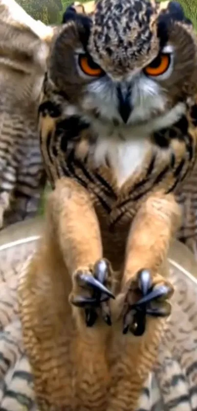 Closeup of a majestic owl in flight with striking orange eyes and detailed feathers.