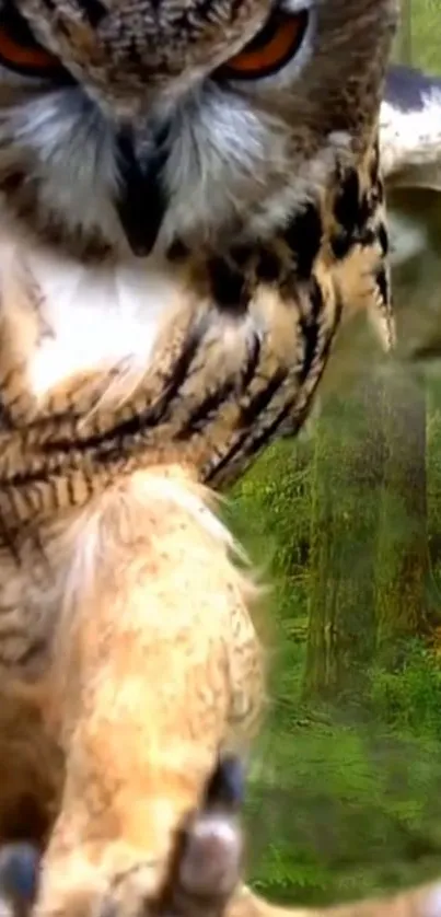 Owl in flight against a forest backdrop.