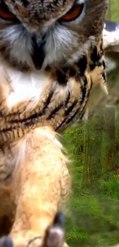 Majestic owl flying through a lush green forest.