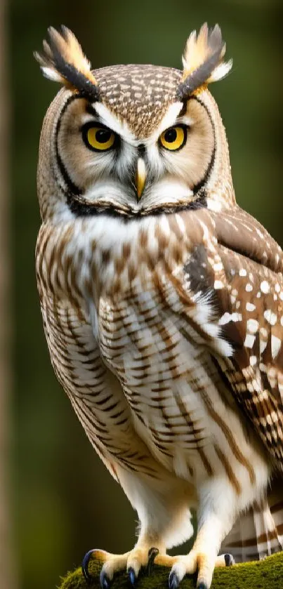 Majestic owl perched on mossy branch in a serene forest setting.