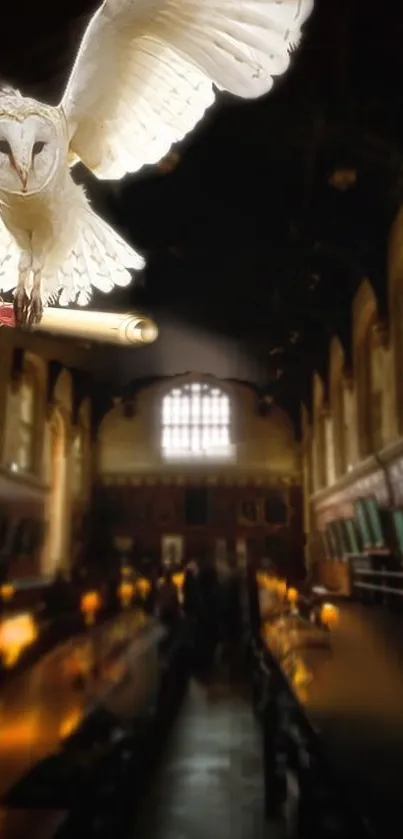 White owl soaring in a grand, dimly-lit hall with glowing lanterns.