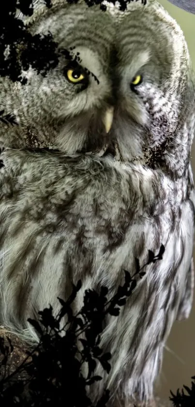 Owl nestled in a natural setting, framed by dark foliage.