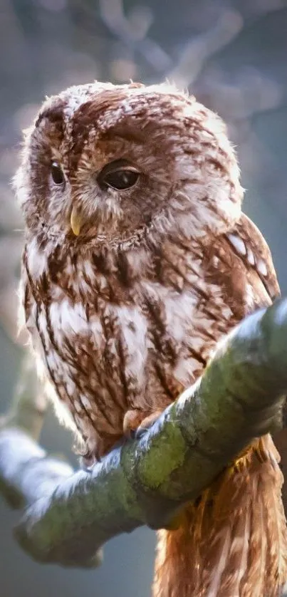 Majestic brown owl perched in forest setting.