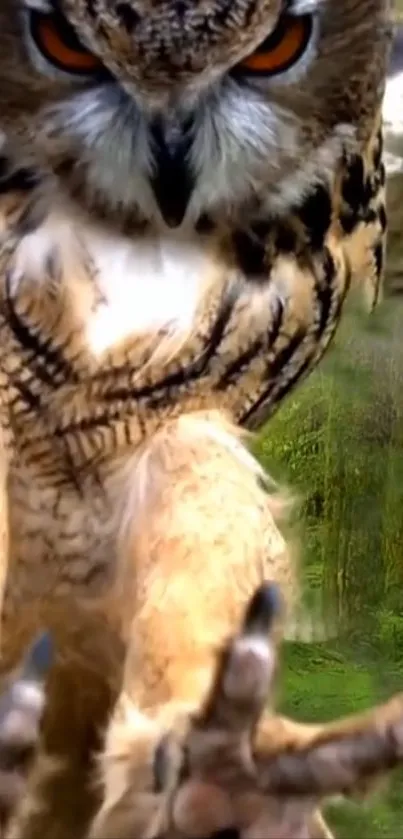 Close-up of owl landing with sharp focus in a lush green forest background.