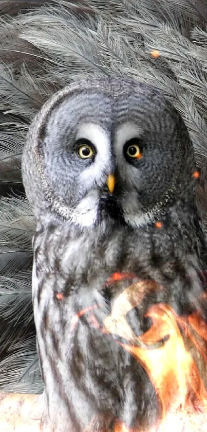 Majestic gray owl with yellow eyes perched against feather background.