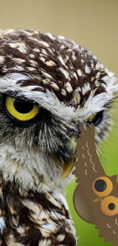 Majestic owl with intense gaze on a green blurred background.