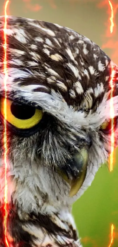 Close-up of a majestic owl with yellow eyes on a natural background.