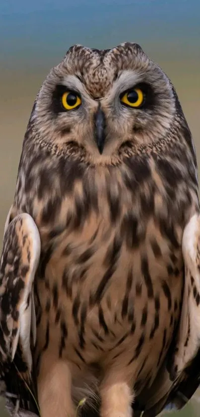 Majestic owl with piercing yellow eyes in a natural setting.