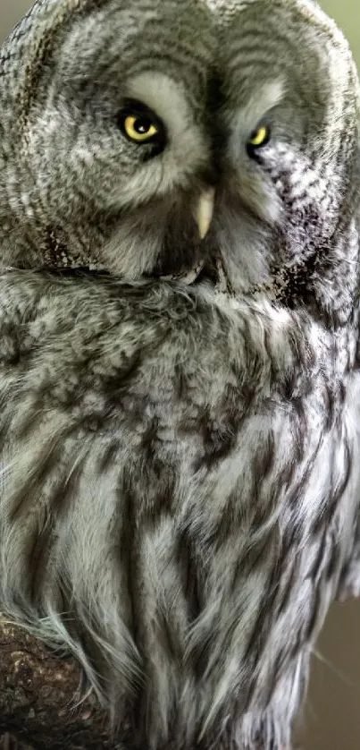 Close-up of a majestic owl with bright yellow eyes and intricate feather patterns.