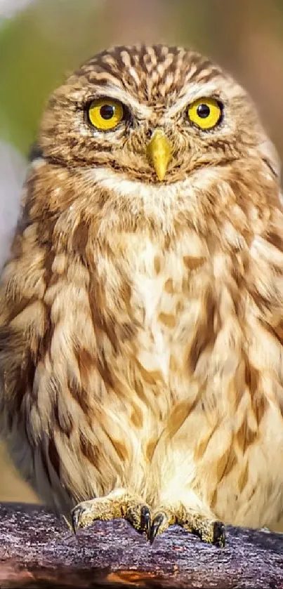 Majestic owl with bright yellow eyes perched on a branch.